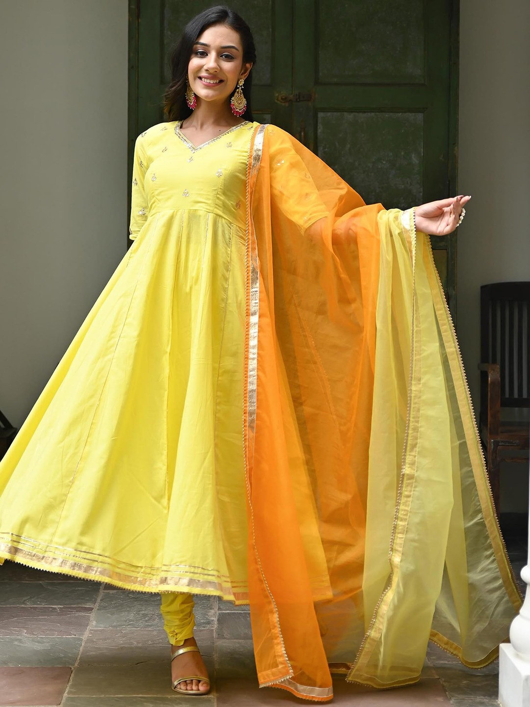 

Lavanya The Label Women Yellow Striped Beads and Stones Kurta with Trousers & Dupatta