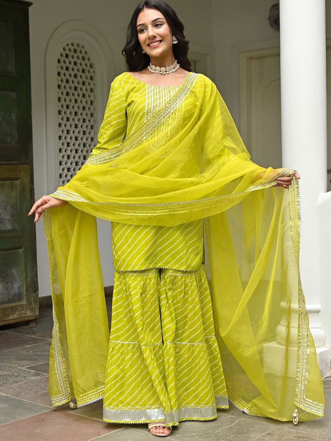 

Lavanya The Label Women Bandhani Printed Pure Cotton Kurta with Palazzos & With Dupatta, Lime green