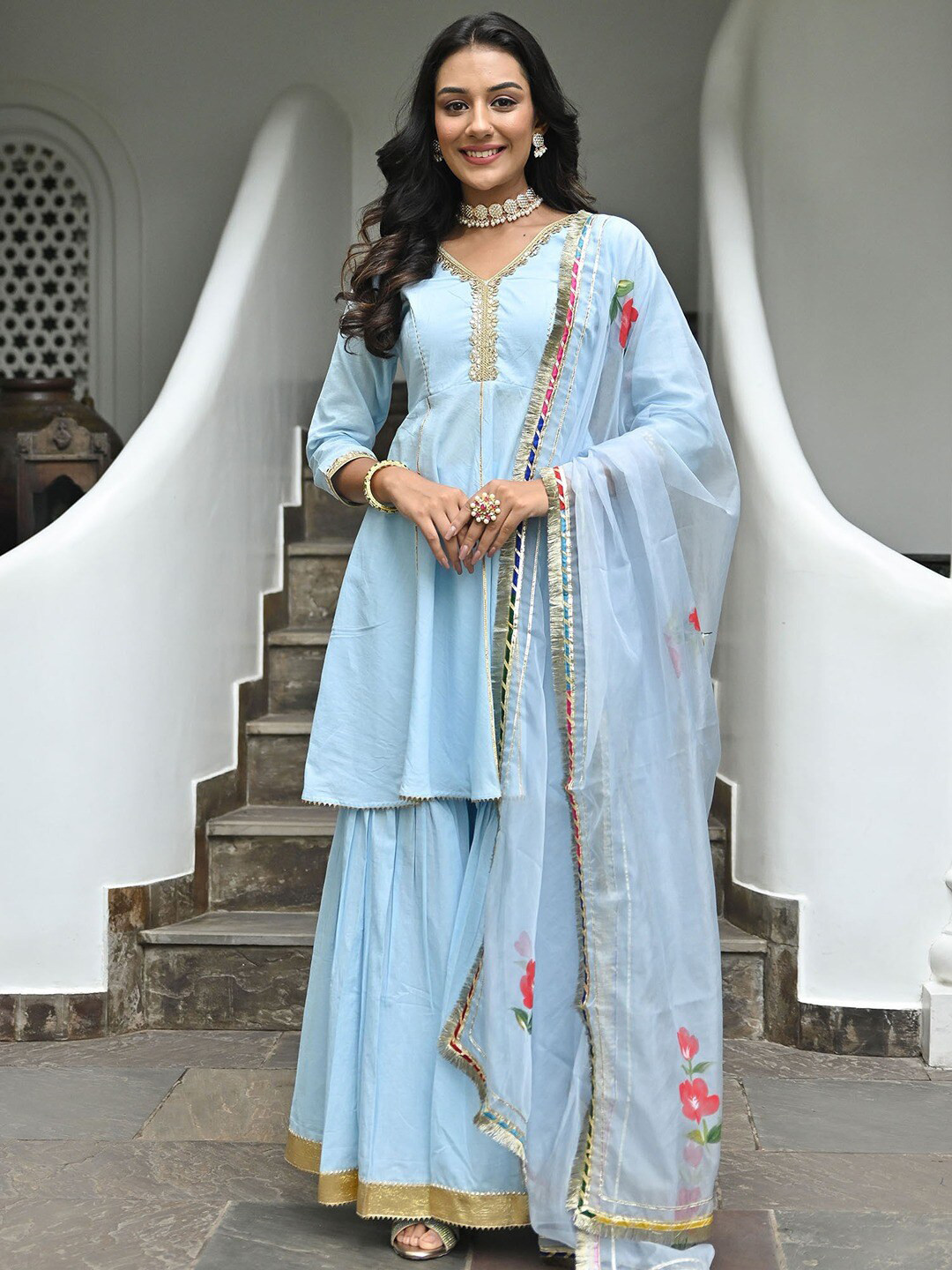 

Lavanya The Label Women Floral Yoke Design Pleated Kurta with Sharara & With Dupatta, Blue