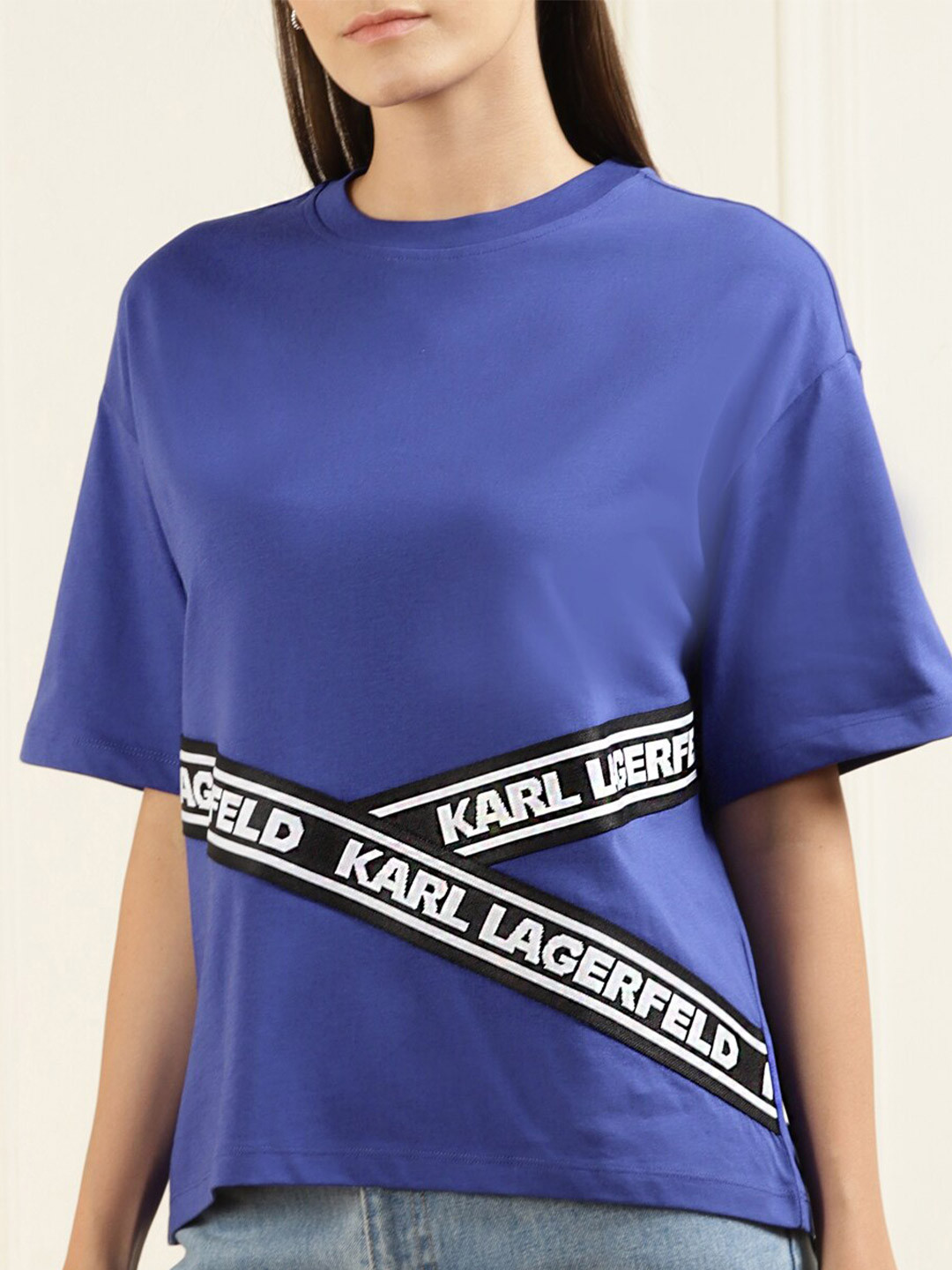 

Karl Lagerfeld Women Blue Typography V-Neck Applique T-shirt