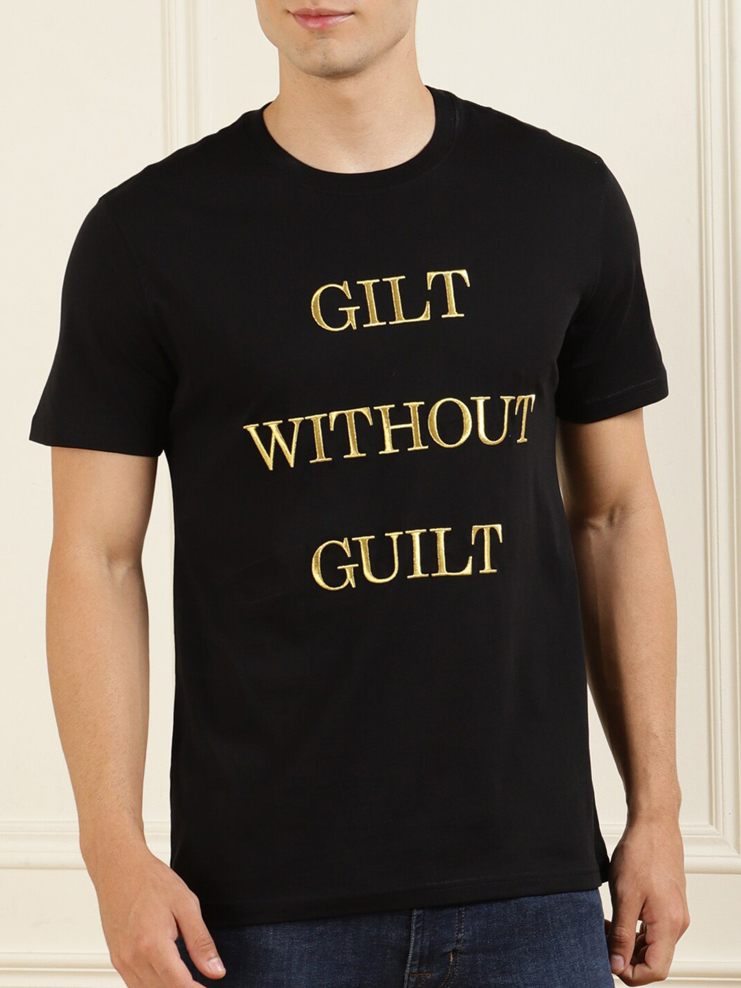 

MOSCHINO COUTURE Men Black & Gold-Toned Typography Printed Cotton T-shirt