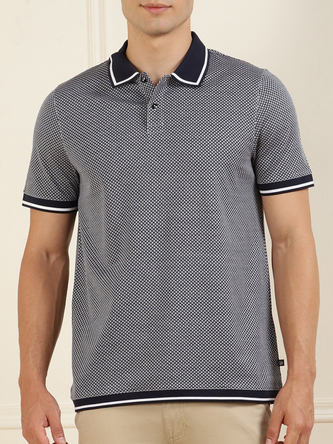 

Ted Baker Men Blue Polo Collar Cotton Micro Ditsy Printed T-shirt