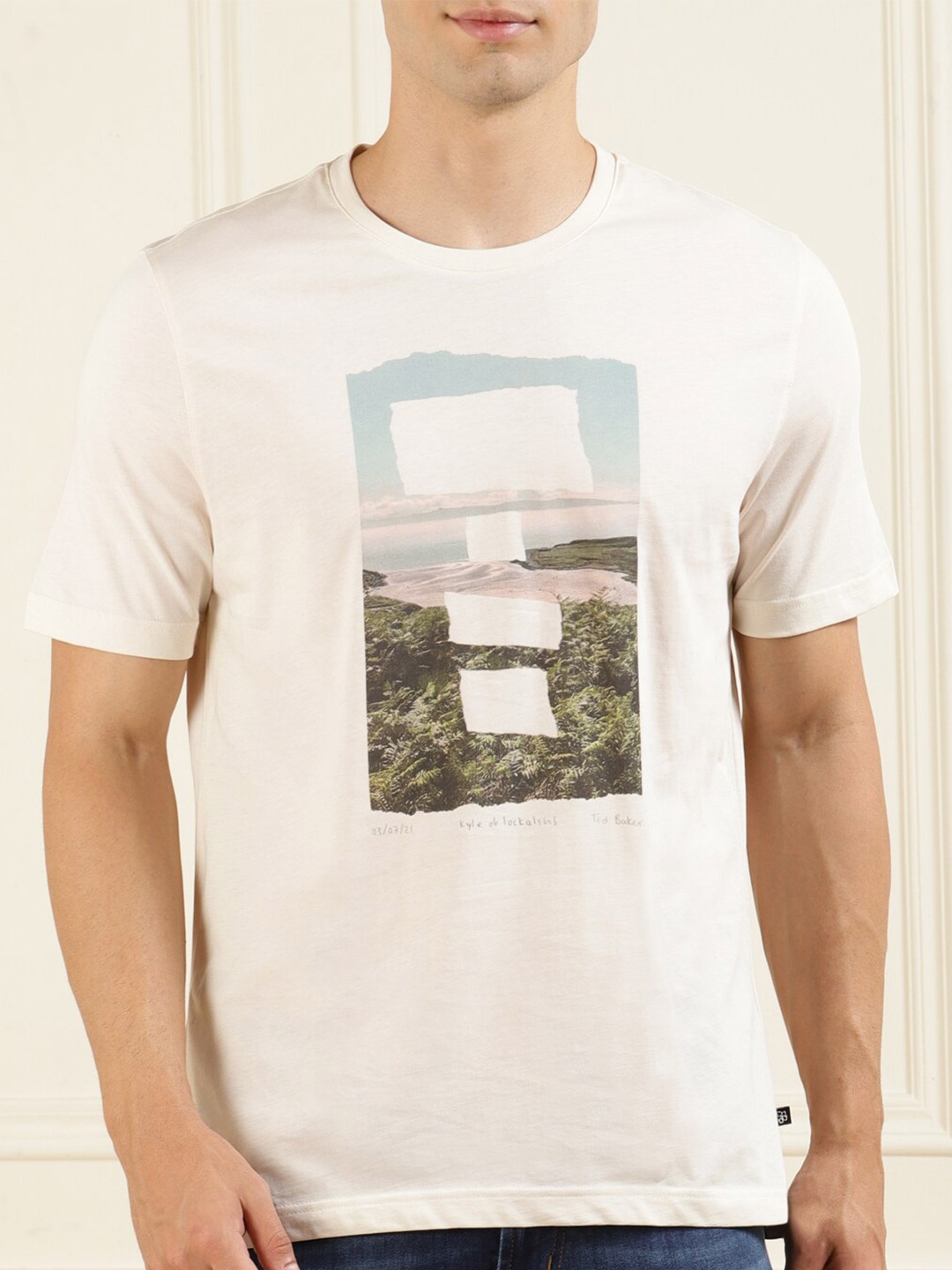 

Ted Baker Men Cream-Coloured Printed Graphic Short Sleeves T-shirt