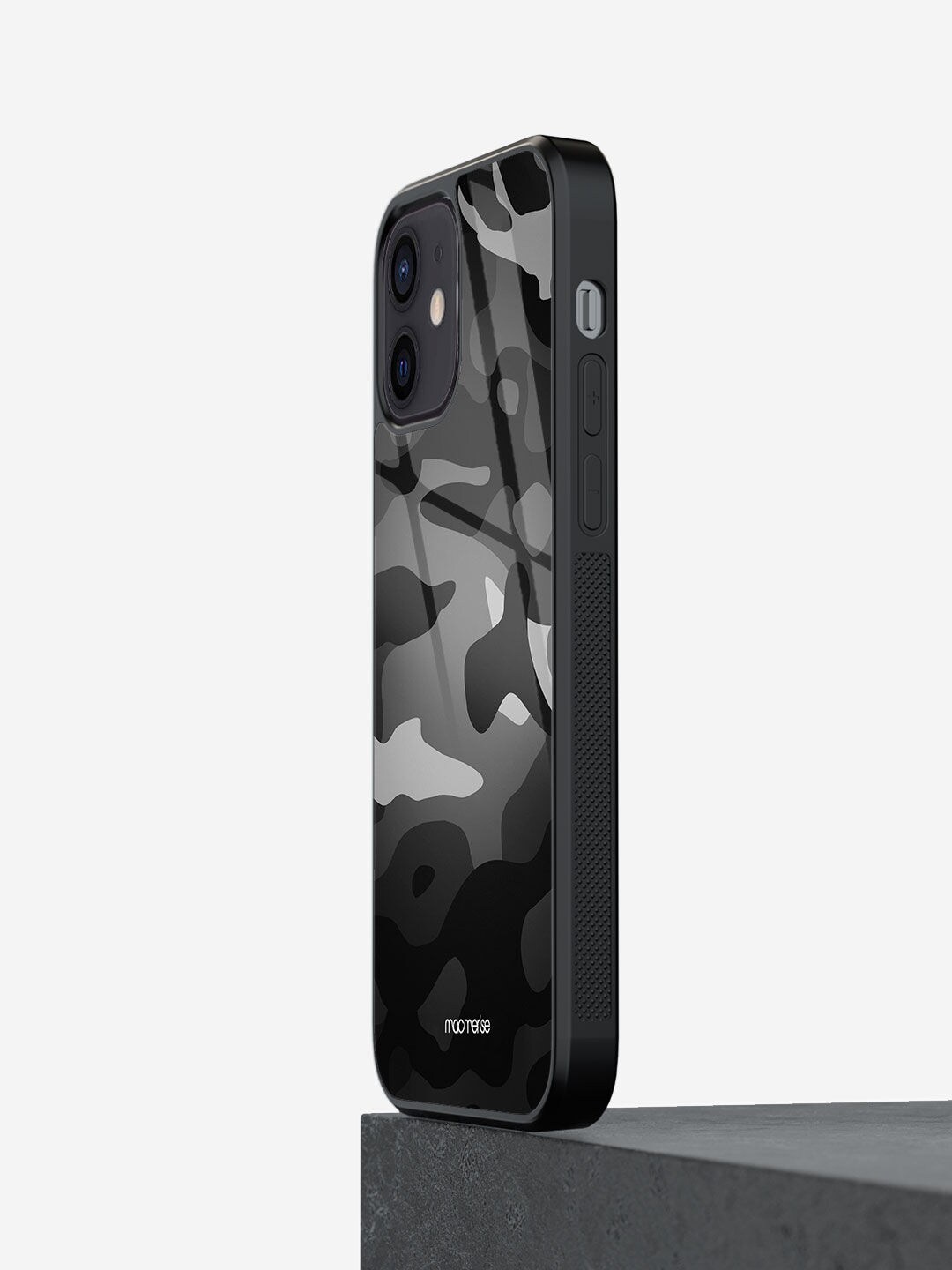 

macmerise Grey & Black Printed Camo Gunmetal Grey iPhone 12 Glass Phone Back Case