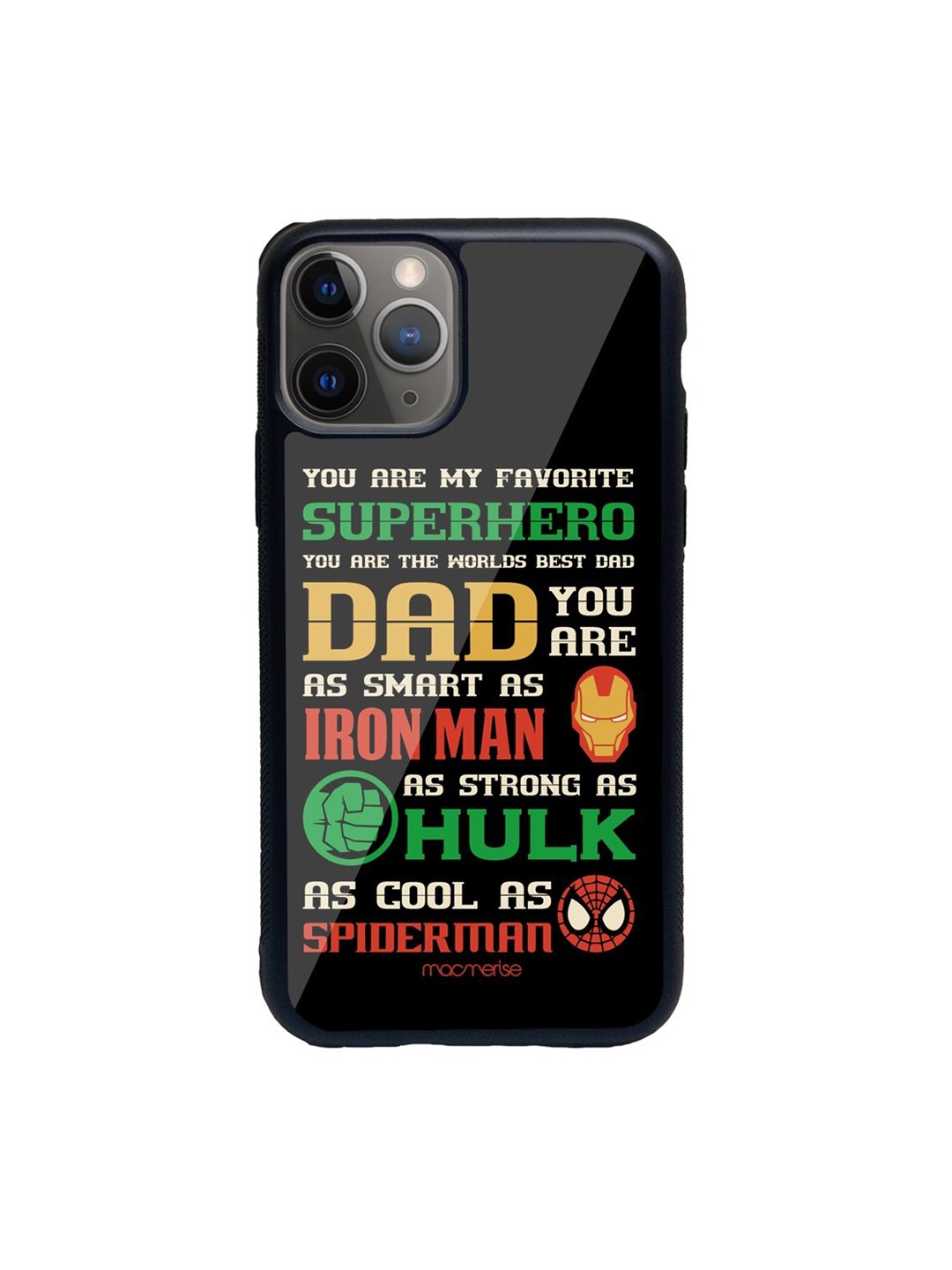 

Macmerise Black Printed Superhero Dad iPhone 11 Pro Glass Phone Back Case