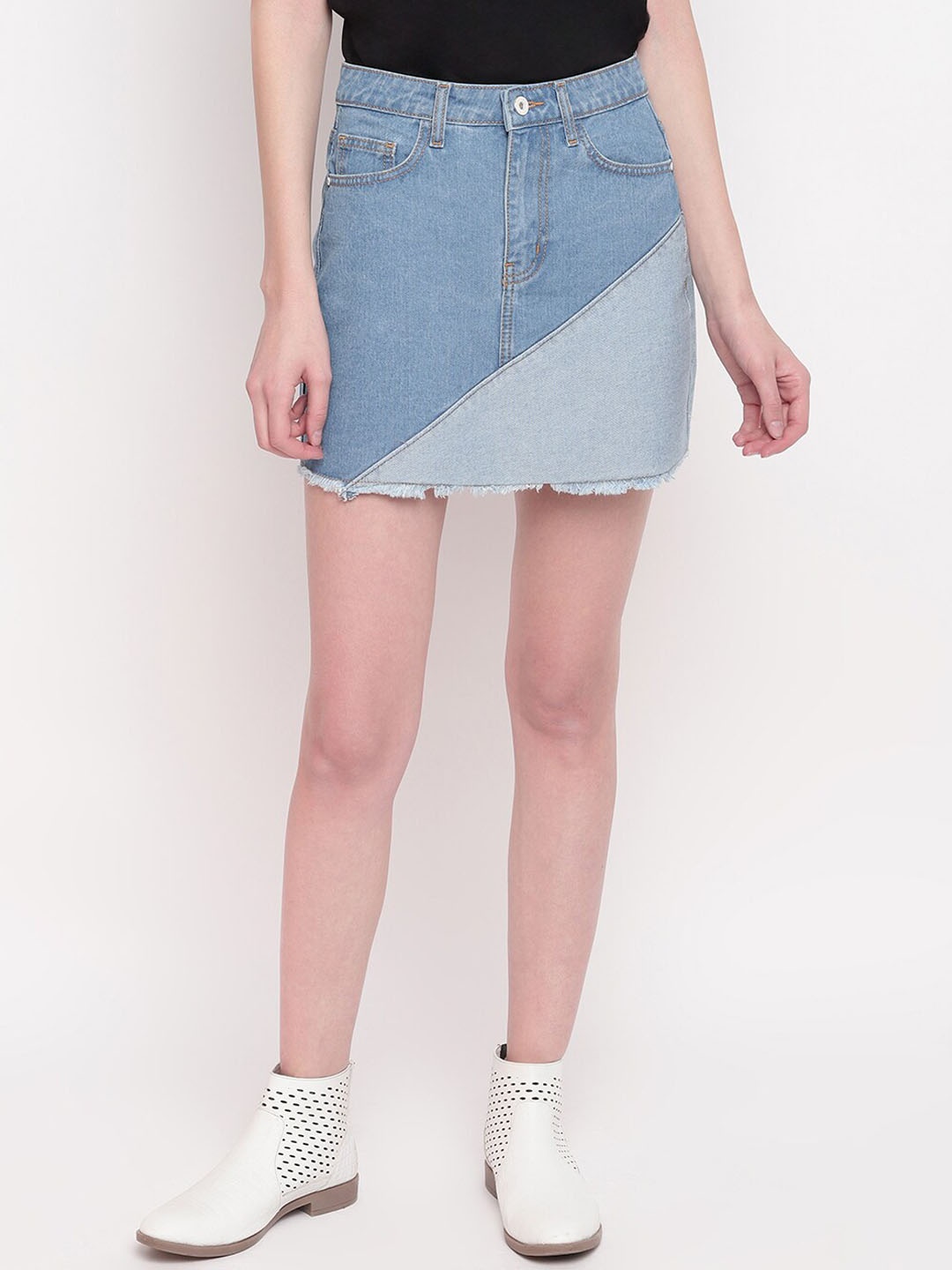 

Belliskey Women Blue Washed Cotton Straight Mini Skirt