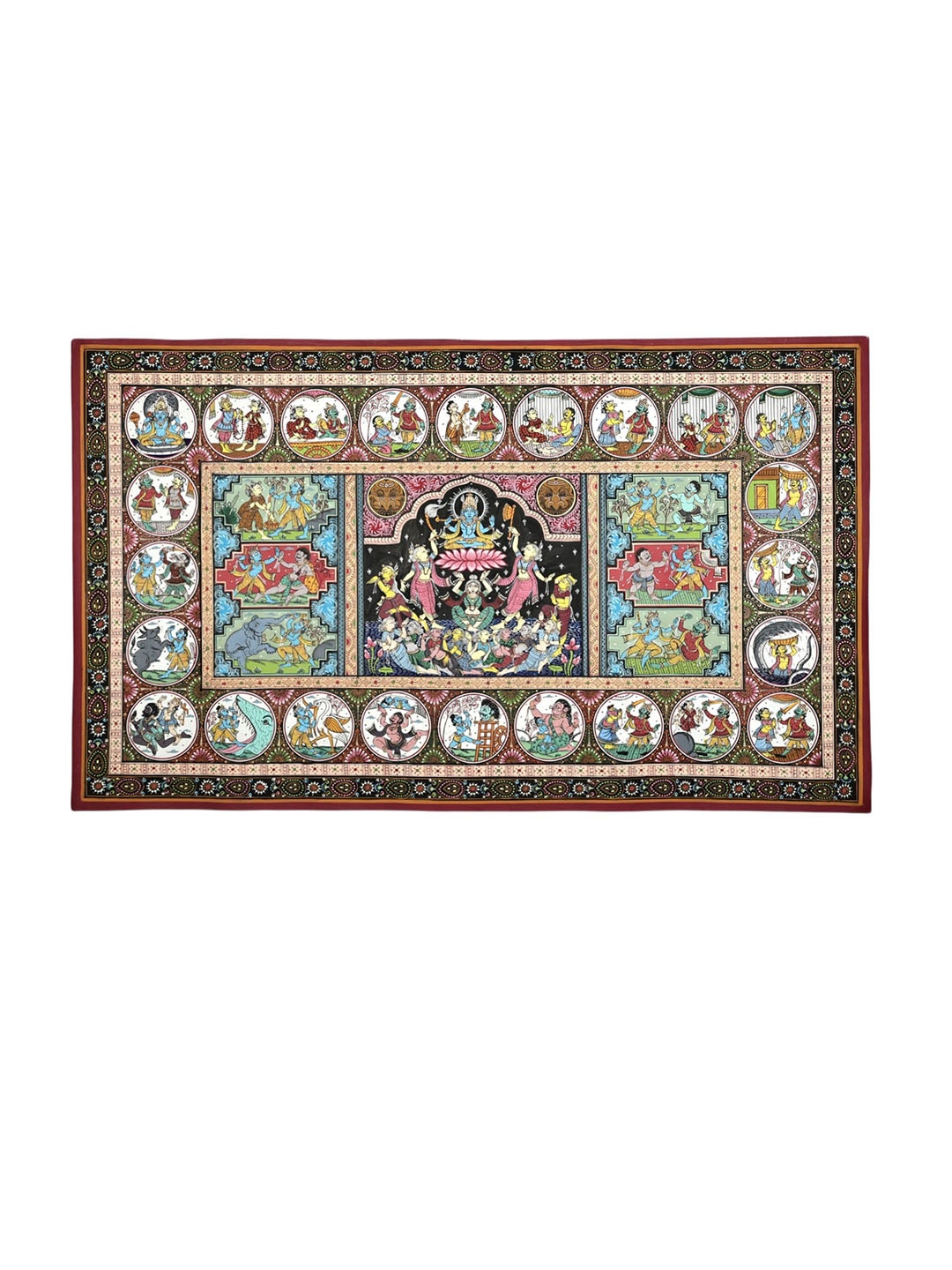 

Exotic India 39" x 23" Shri Krishna Lila Patachitra Traditional Colors Paintings, Green