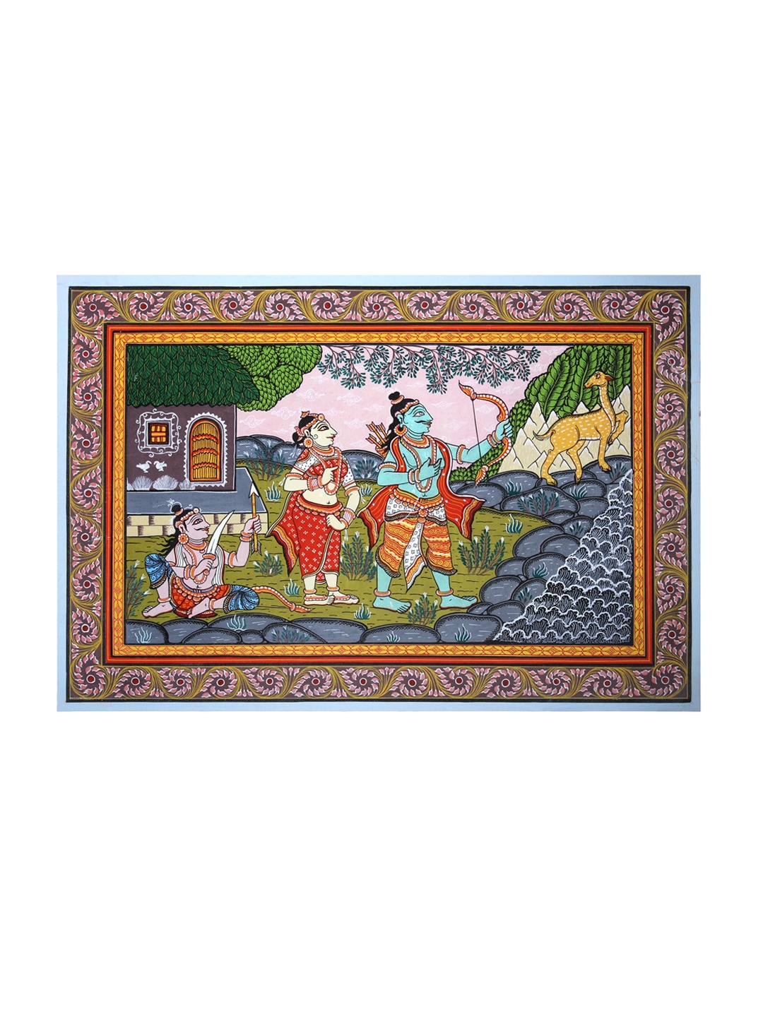 

Exotic India Goddess Sita Requesting Lord Rama to Catch Golden Deer - Pattachitra Painting, Red