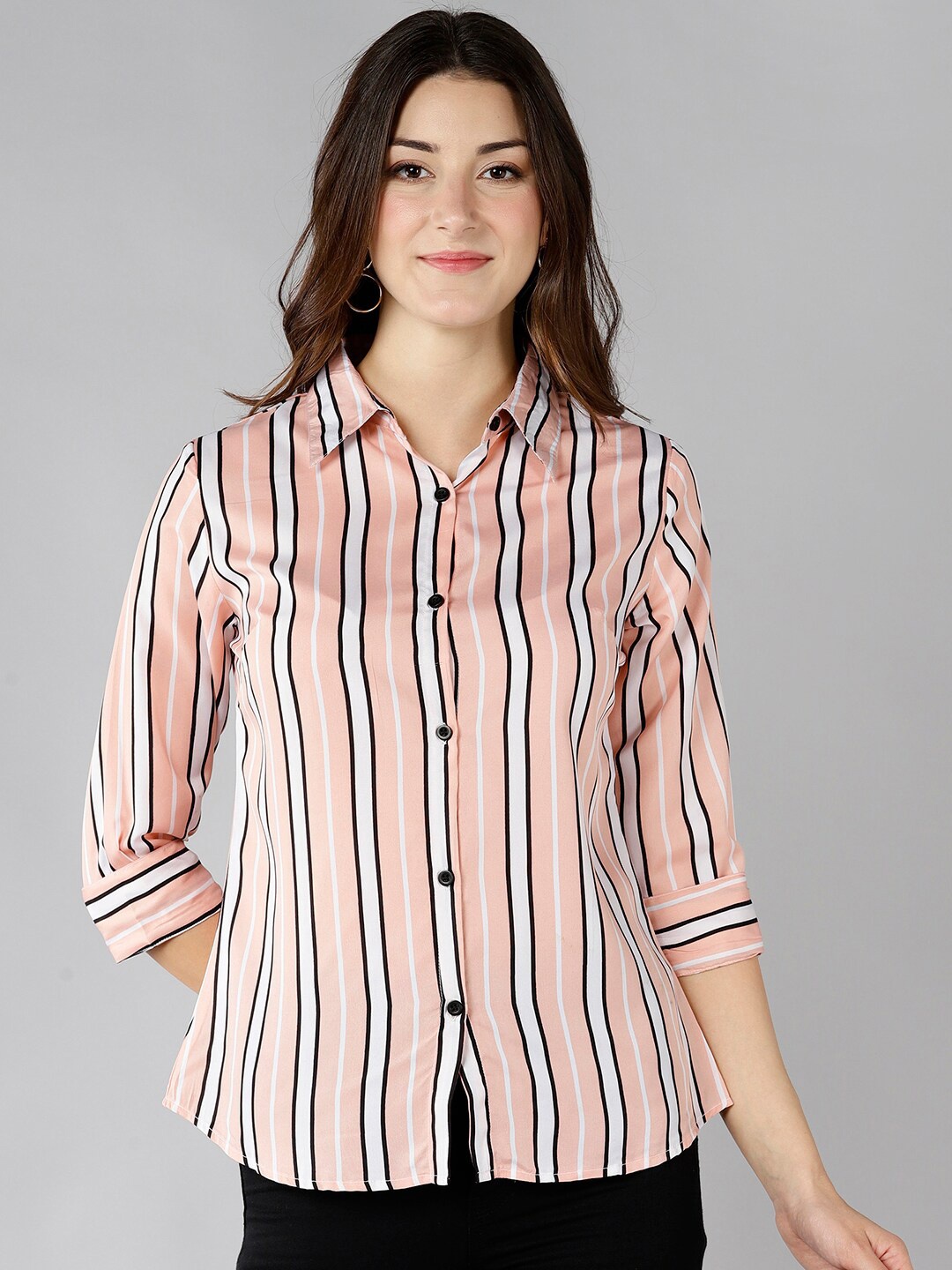 

ZNX Clothing Women Pink Classic Striped Casual Shirt