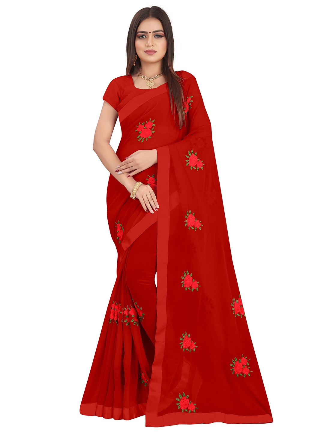 

JSItaliya Red Floral Patchwork Pure Georgette Saree