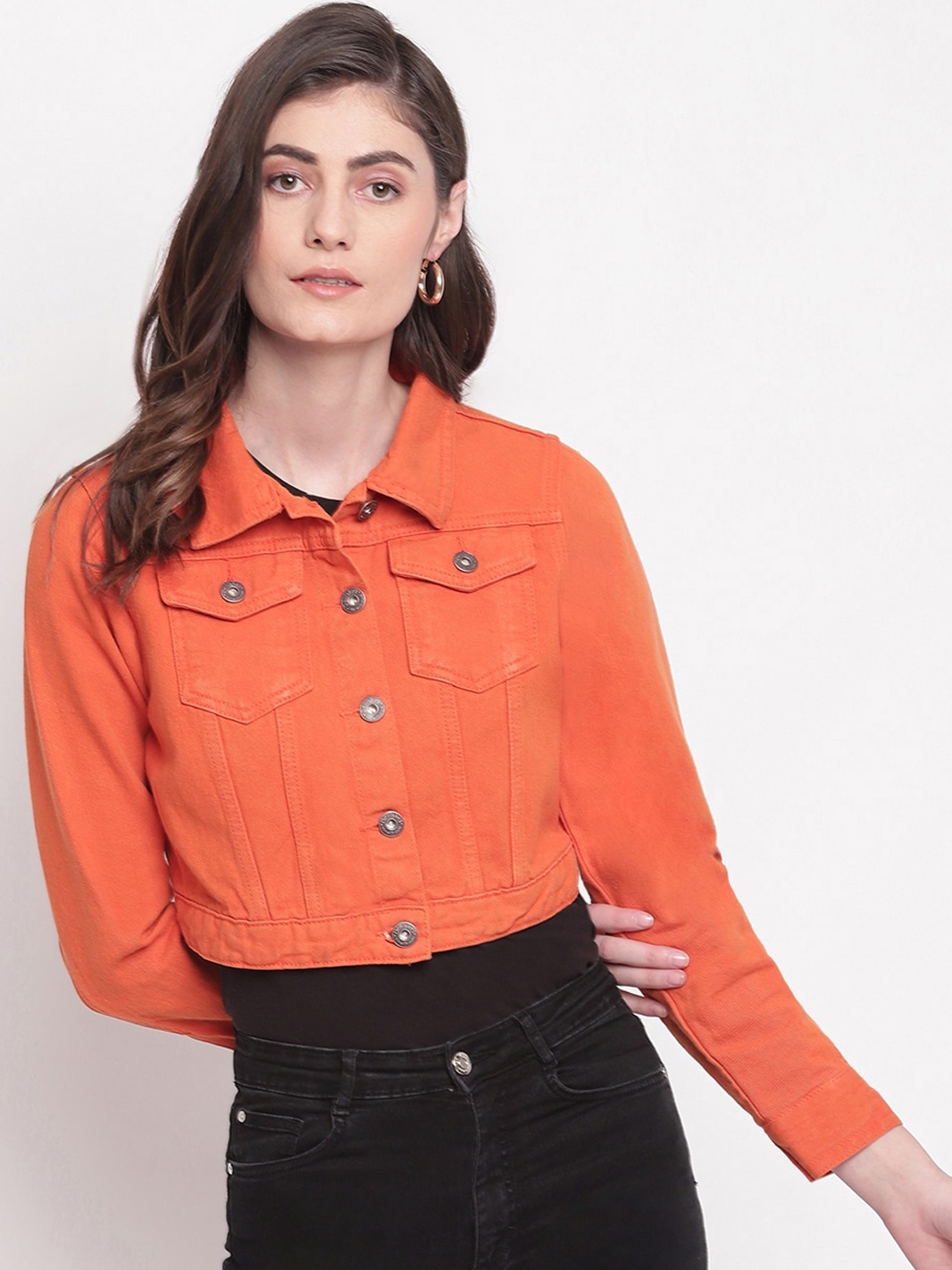 

Belliskey Women Orange Washed Crop Denim Jacket