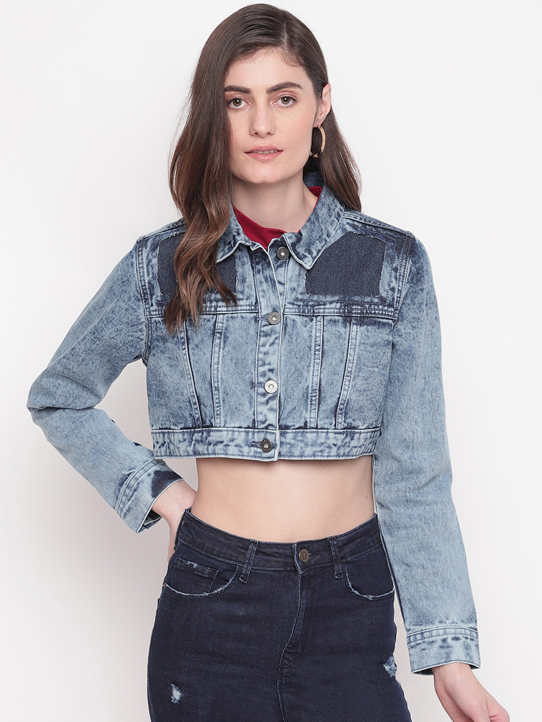 

Belliskey Women Blue Washed Crop Denim Jacket