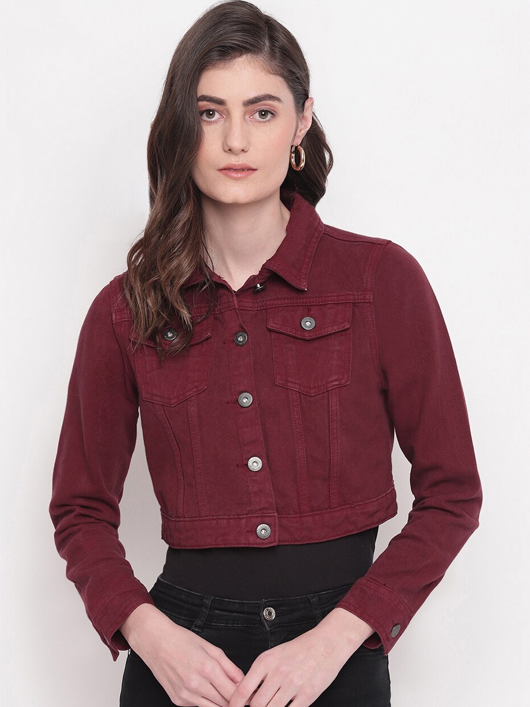 

Belliskey Women Maroon Crop Denim Jacket