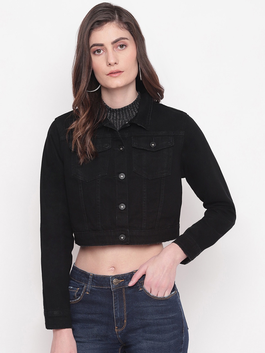 

Belliskey Women Black Crop Denim Jacket