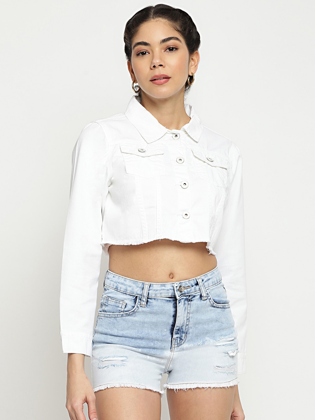 

Belliskey Women White Washed Crop Denim Jacket