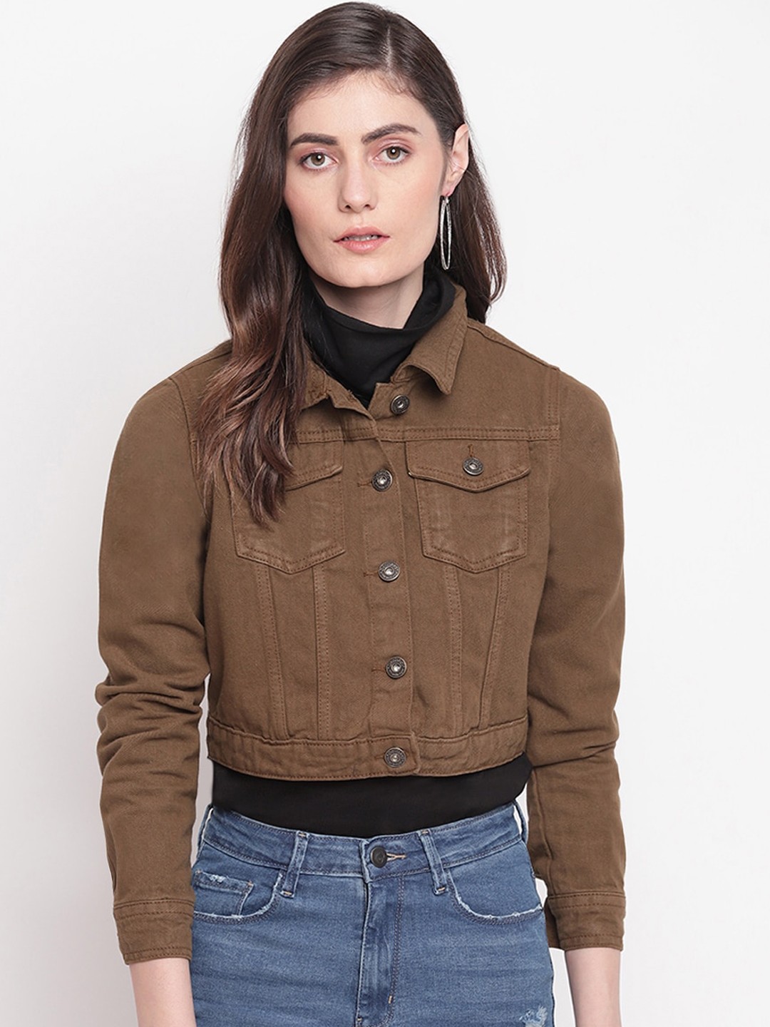

Belliskey Women Brown Crop Denim Jacket
