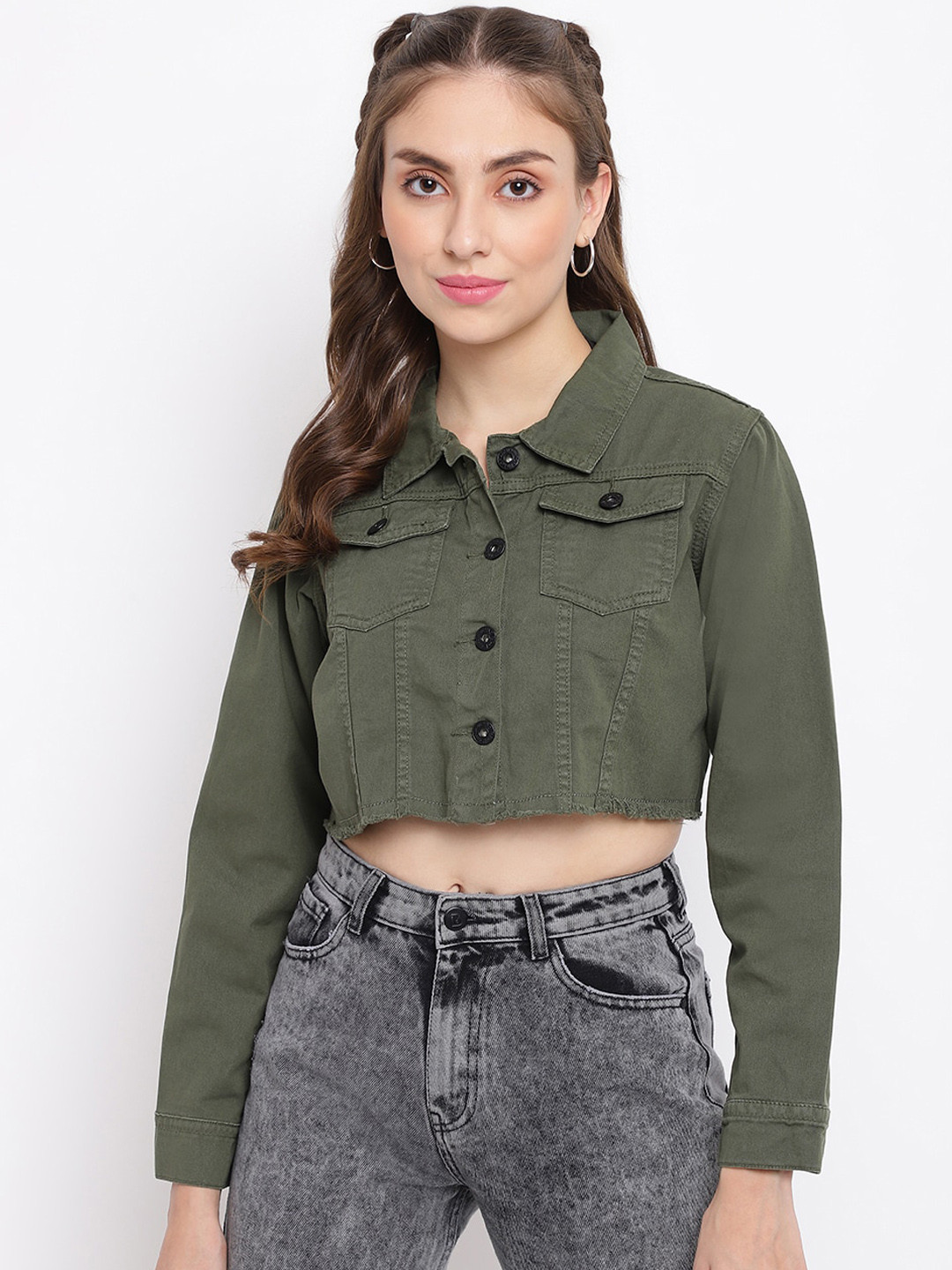 

Belliskey Women Olive Green Crop Denim Jacket