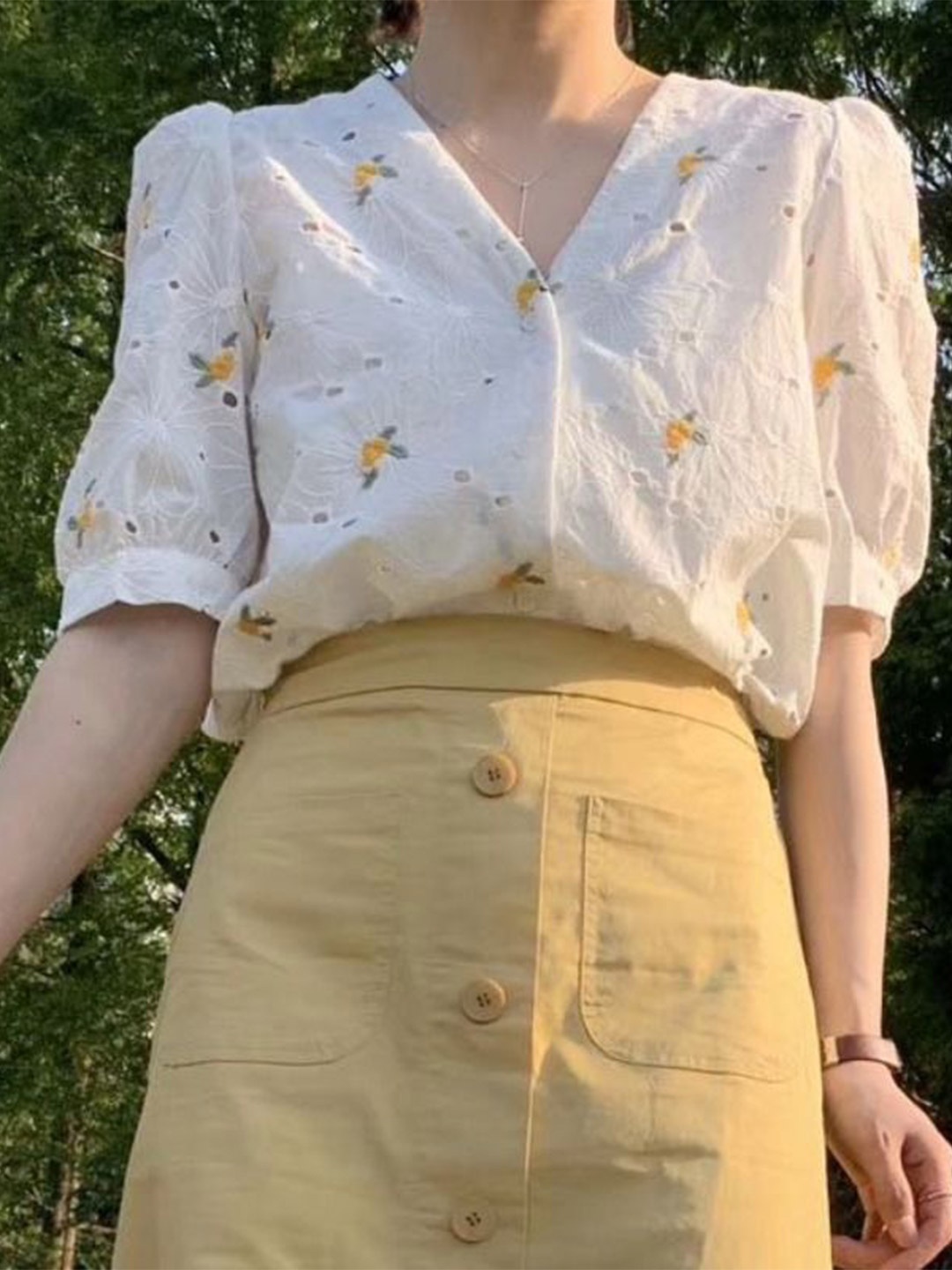 

La Aimee Women White & Yellow Floral Shirt Style Top