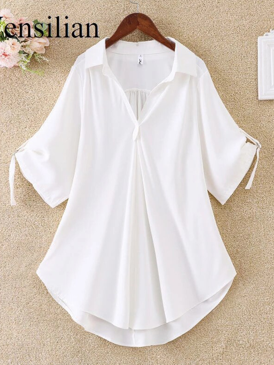 

La Aimee Women White Roll-Up Sleeves Longline Top