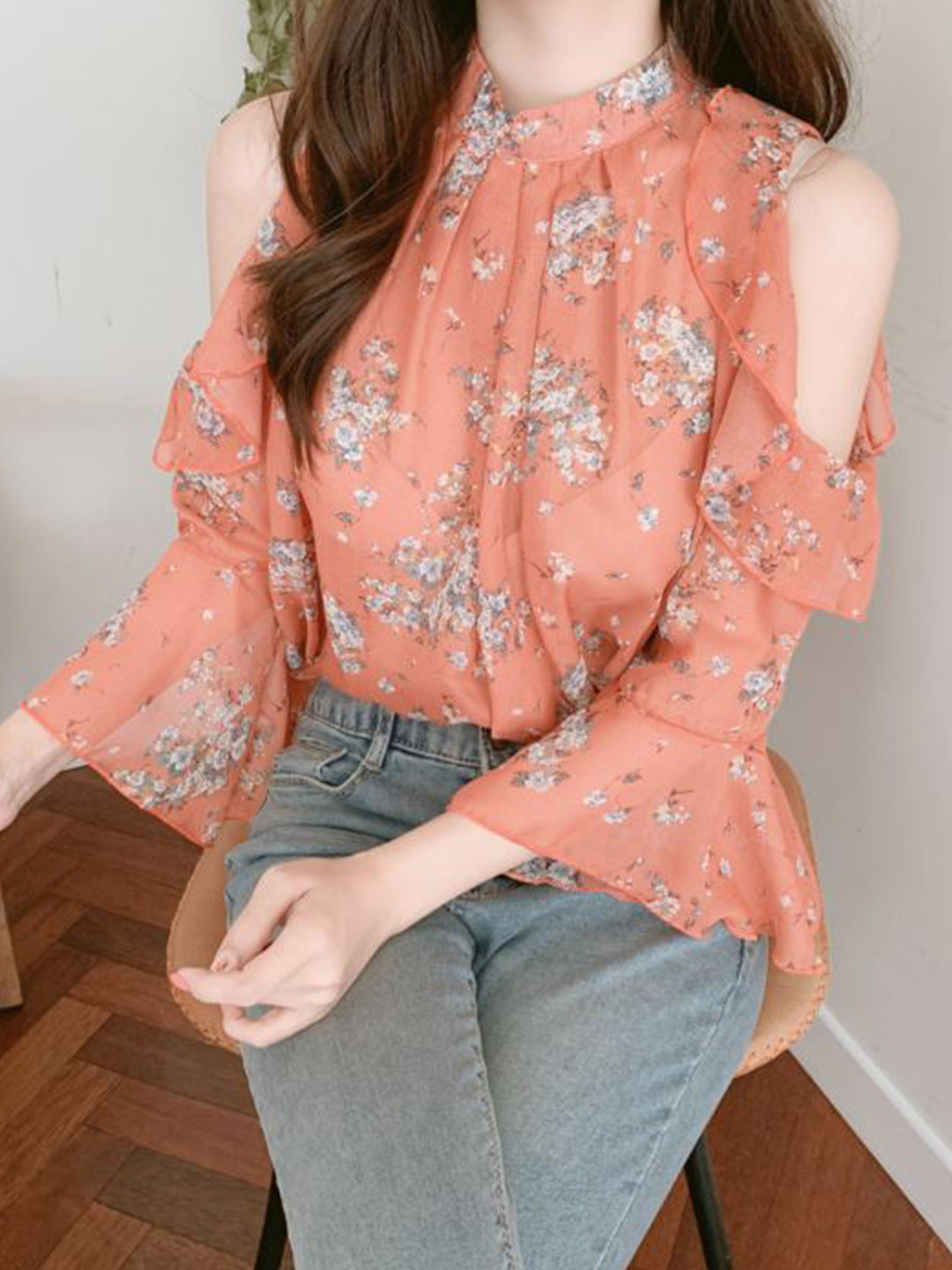 

La Aimee Women Orange Floral Print Cold Shoulder Top