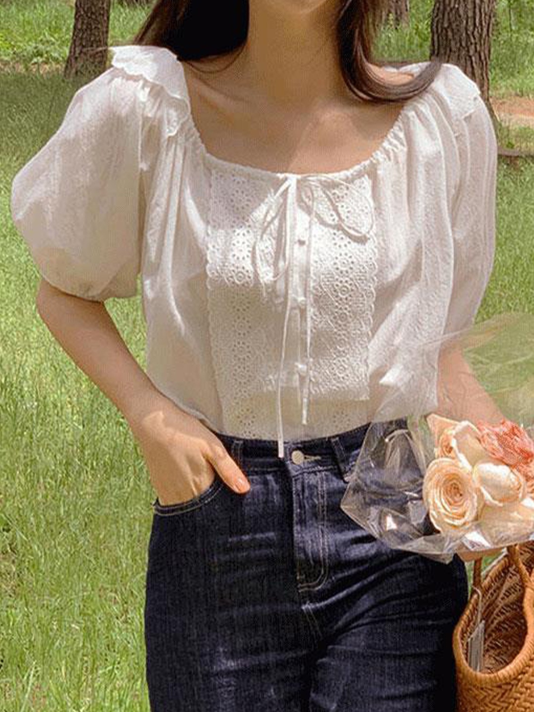 

La Aimee Women White Square Neck Top