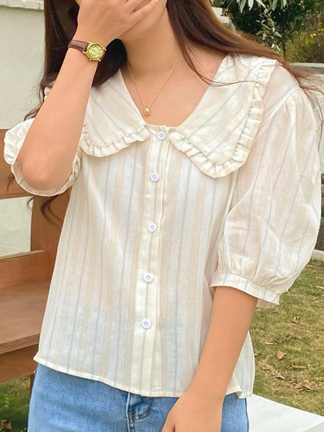 

La Aimee Women White & Beige Striped Peter Pan Collar Shirt Style Top