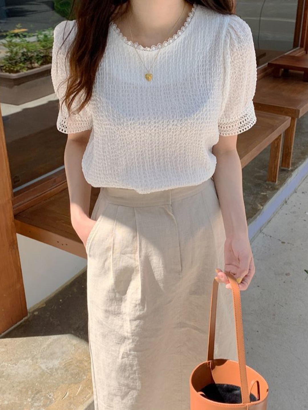 

La Aimee White Self Design Top