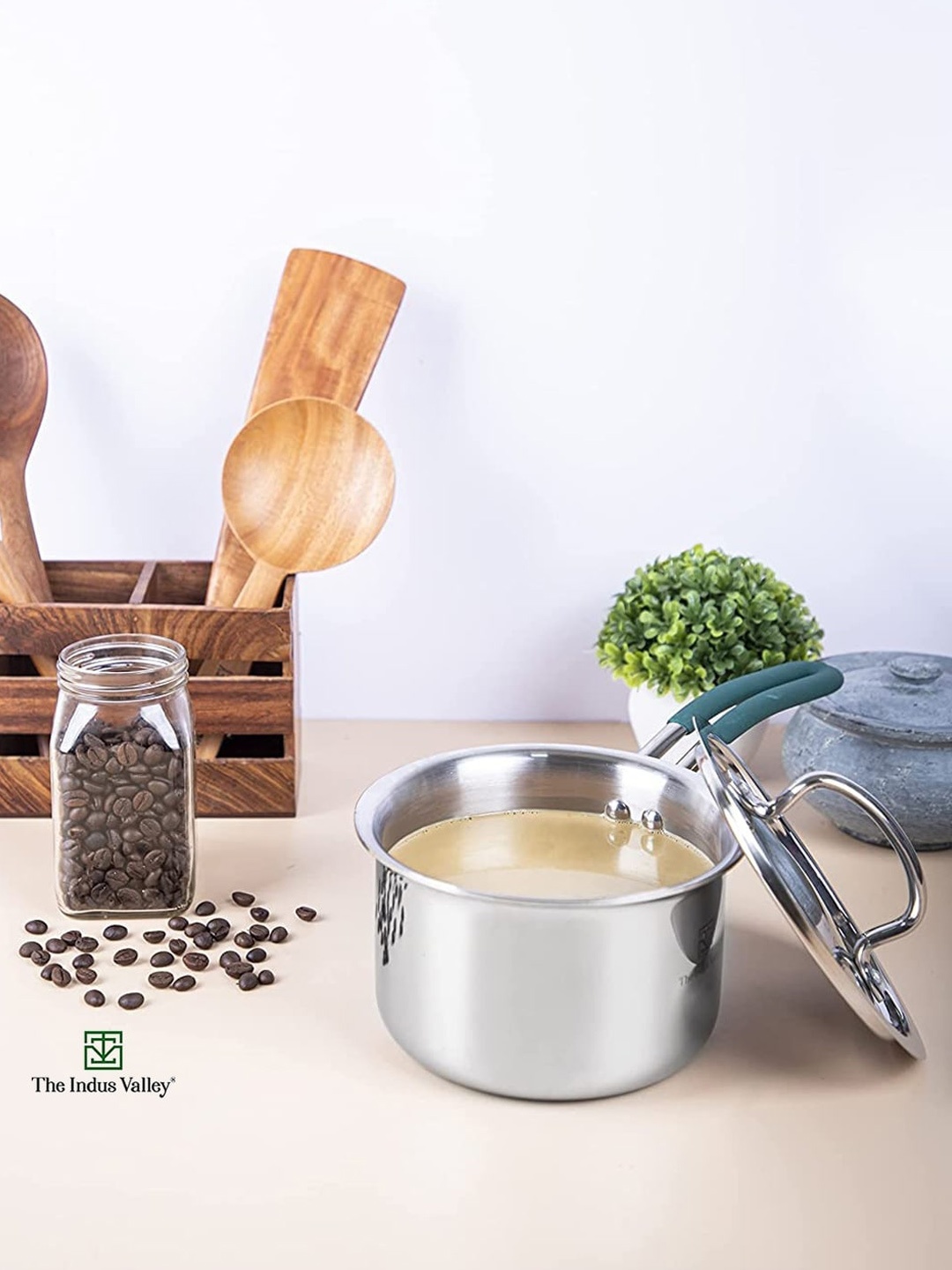 

The Indus Valley Silver-Toned Solid Triply Saucepan with Steel Lid