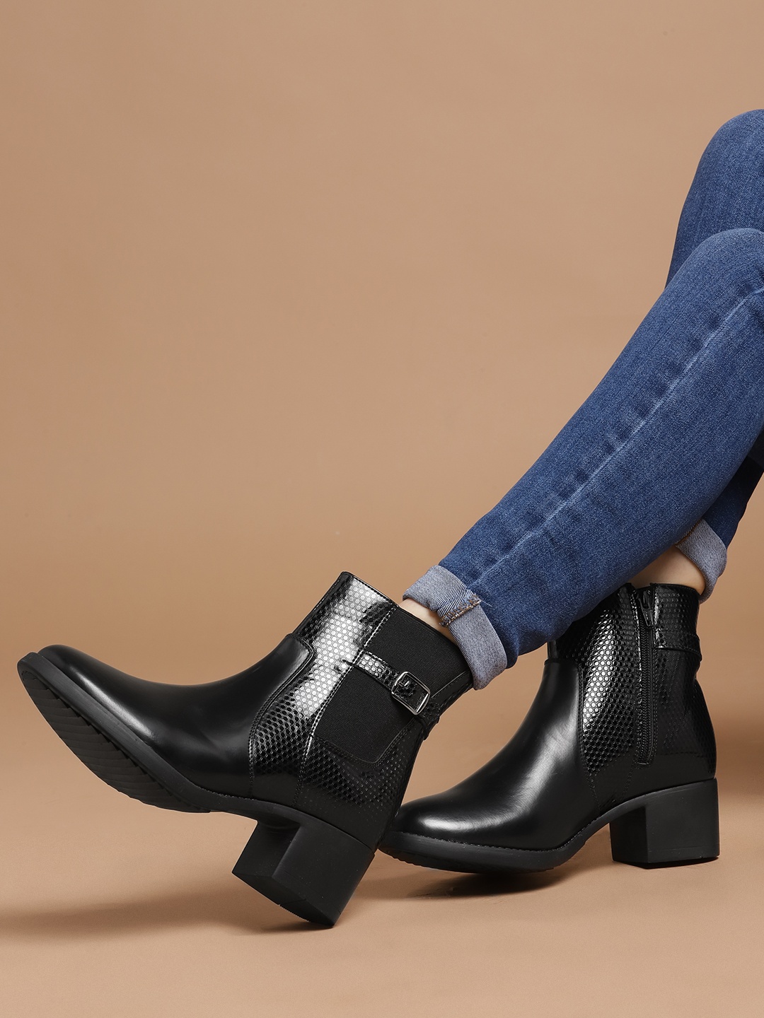 

DressBerry Women Textured Mid-Top Block Heel Chelsea Boots with Buckle Detail, Black