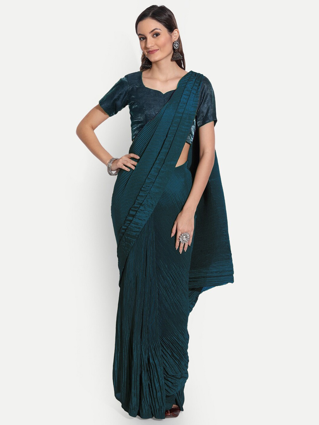 

TORONFRAS Teal Accordion pleated Pure Silk Saree