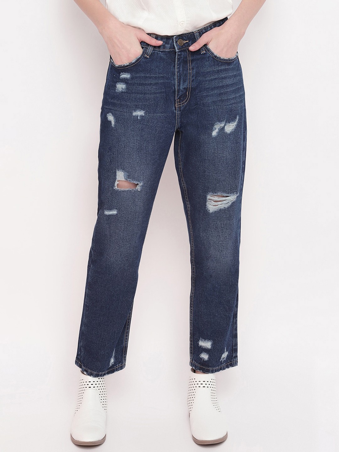 

Belliskey Women Blue High-Rise Low Distress Light Fade Jeans