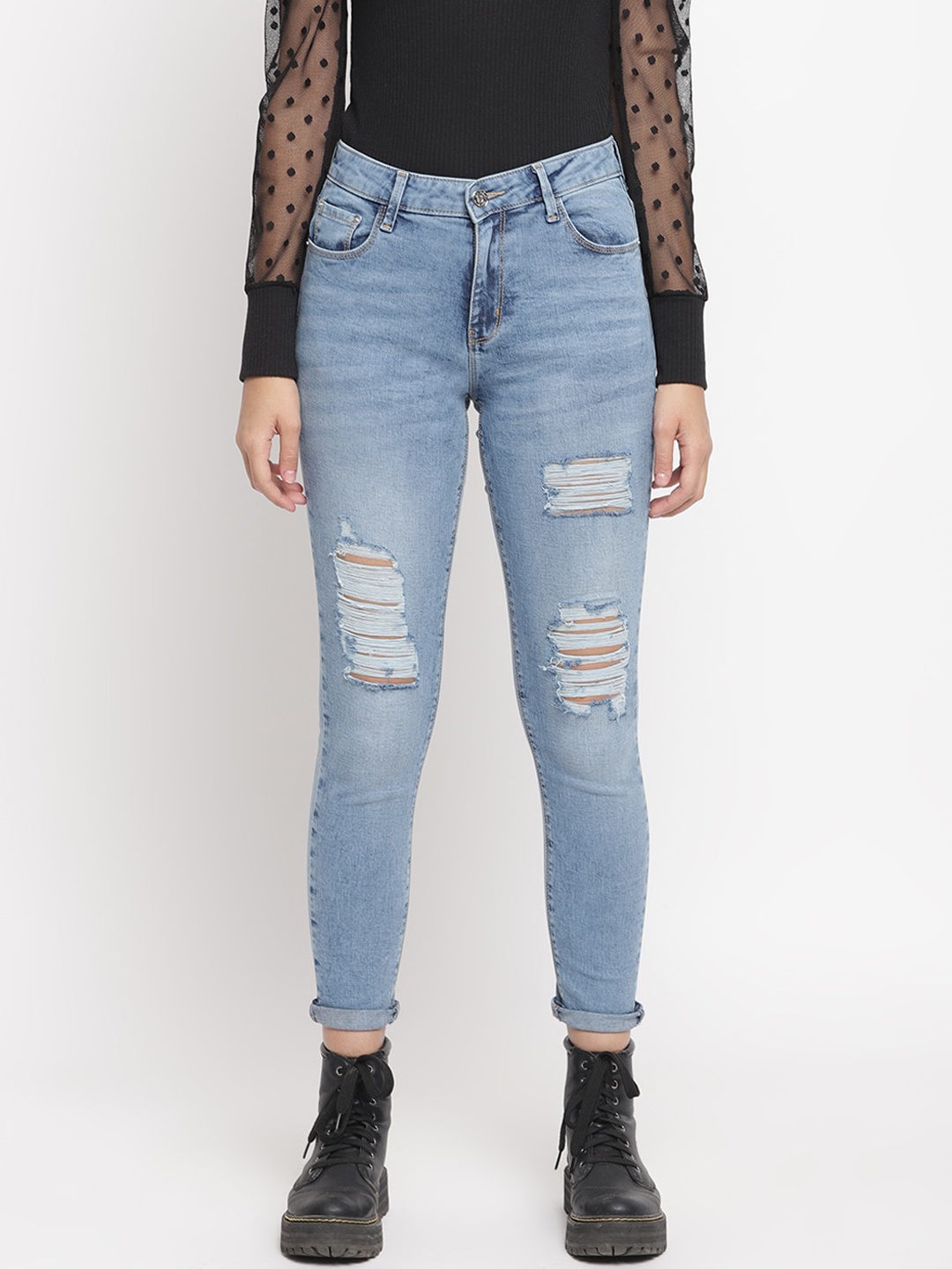 

Belliskey Women Blue Slim Fit Mildly Distressed Light Fade Stretchable Jeans