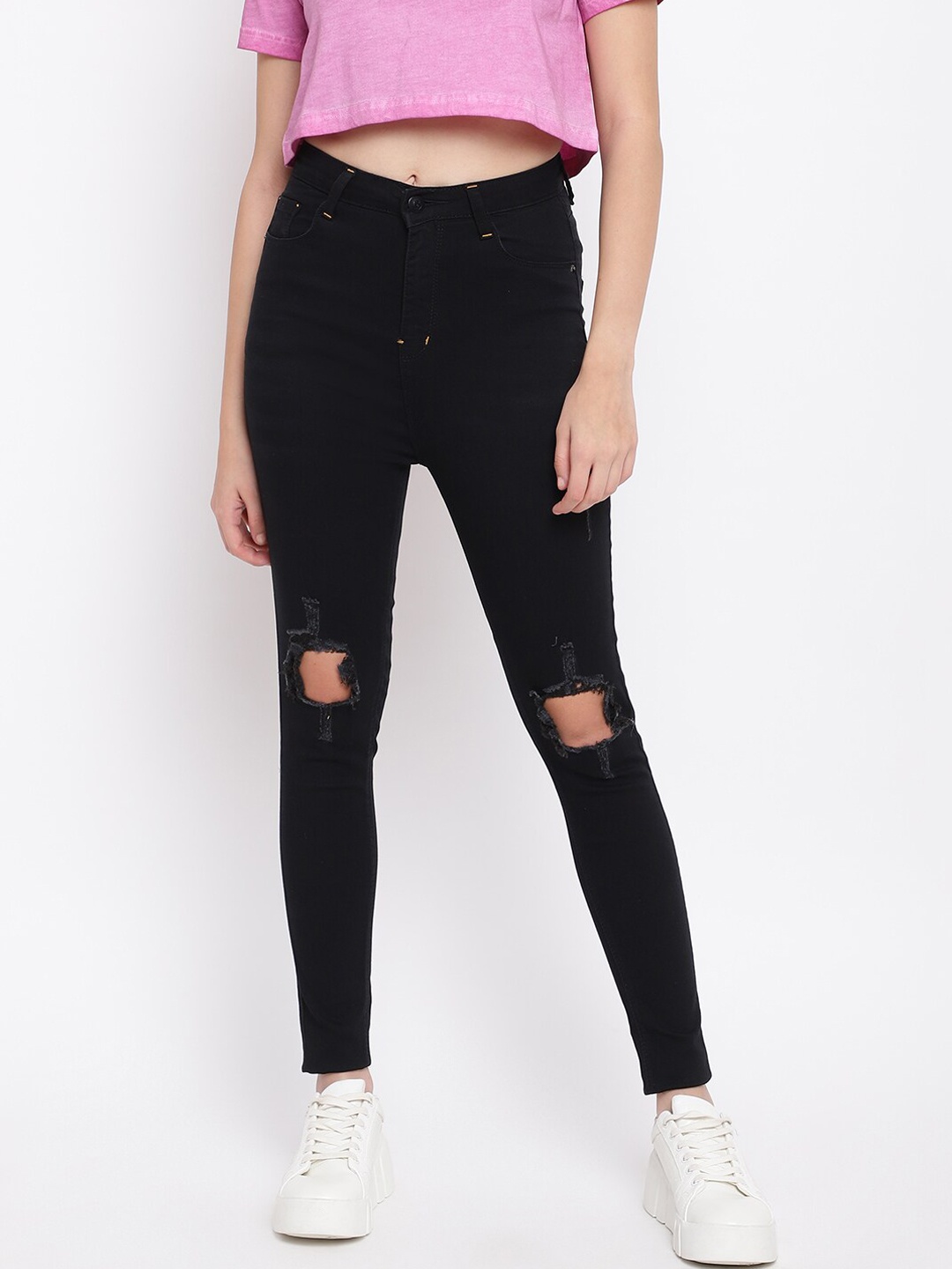 

Belliskey Women Black Skinny Fit High-Rise Mildly Distressed Jeans