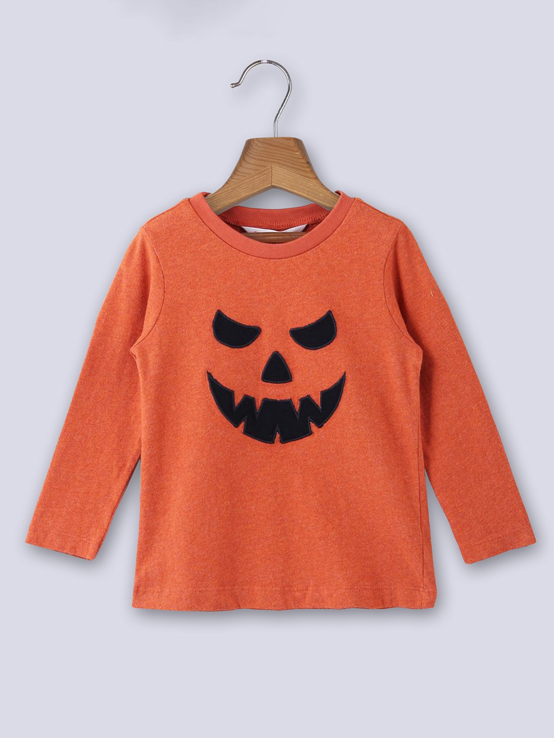 

Beebay Boys Rust Pure Cotton Printed Graphic Halloween Pumpkin Full Sleeve T-shirt