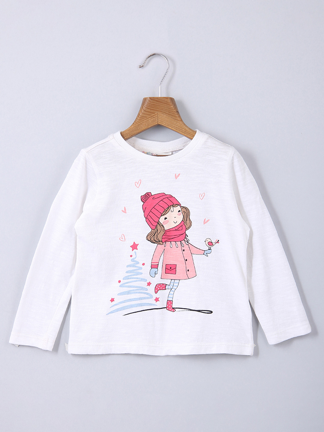 

Beebay Girls White Graphic Printed Pure Cotton Round Neck T-shirt