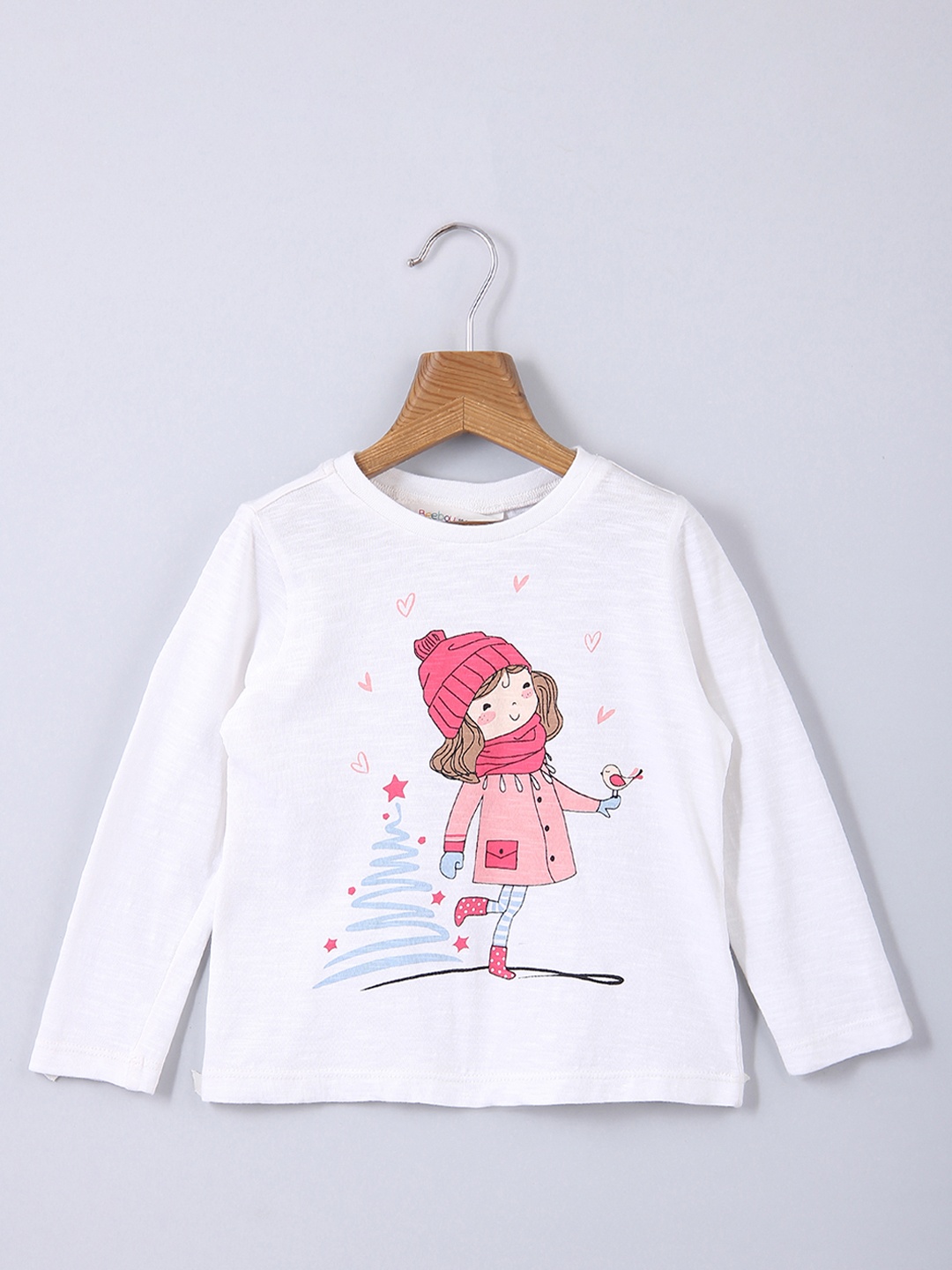 

Beebay Girls White Graphic Printed Pure Cotton Long Sleeves T-shirt
