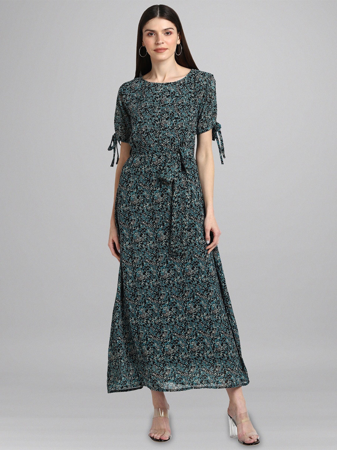 

Fashfun Women Green Floral Print Georgette Fabric Belt Maxi Dress