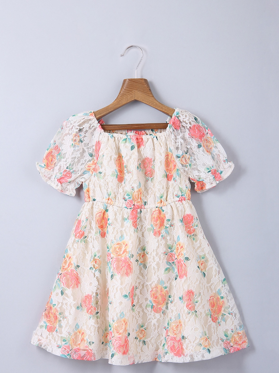 

Beebay Girls Cream Coloured And Orange Floral Print Puff Sleeves Lace Dress