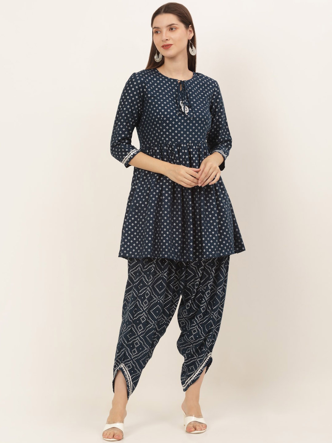 

KALINI Women Bandhani Printed Pleated Kurti with Dhoti Pants, Blue