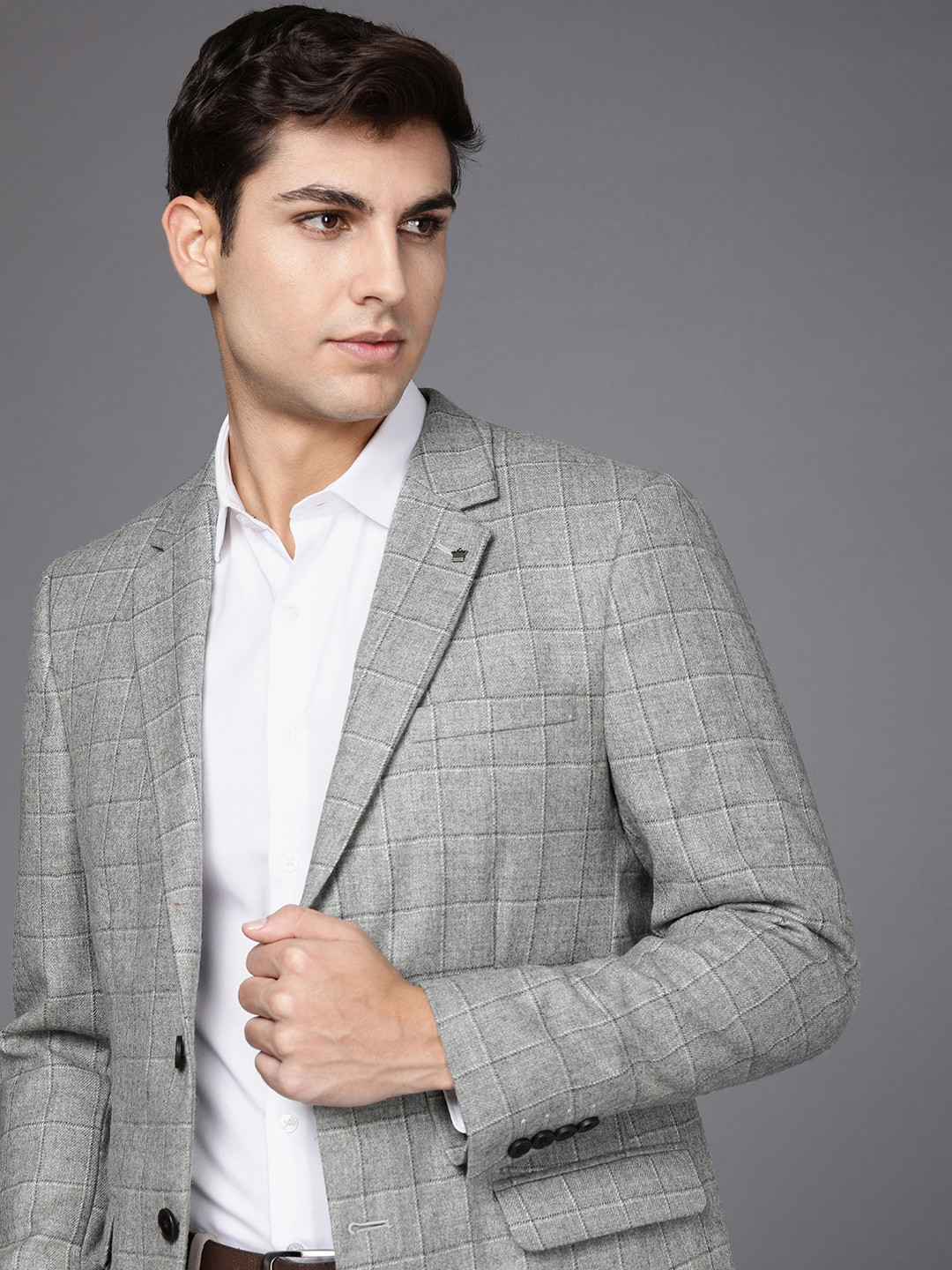

Louis Philippe Men Grey Checked Single-Breasted Long Sleeves Formal Blazer