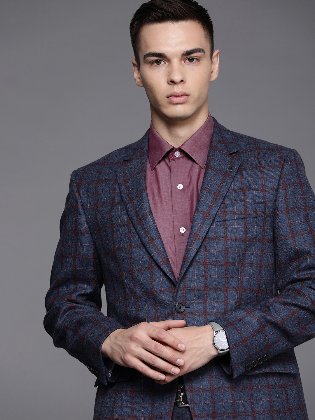 

Louis Philippe Men Checked Single Breasted Pure Wool Formal Blazer, Blue