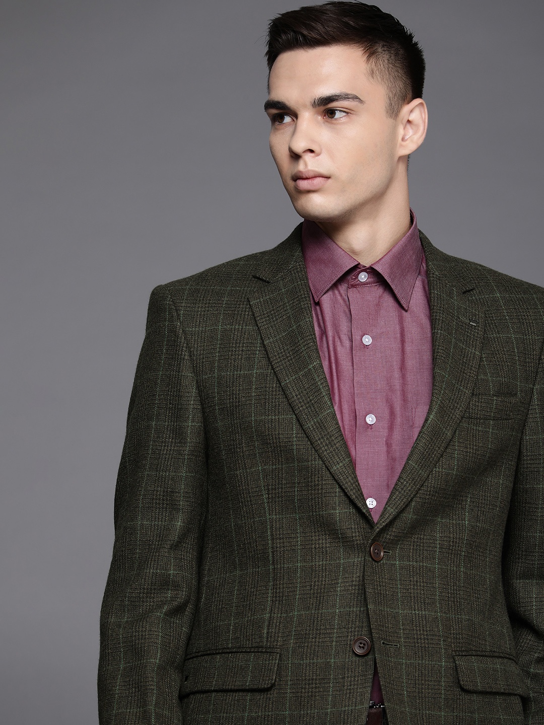 

Louis Philippe Men Checked Single Breasted Pure Wool Formal Blazer, Olive