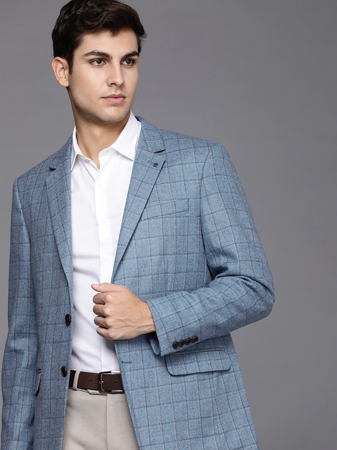 

Louis Philippe Men Blue Checked Single-Breasted Long Sleeves Tailored Formal Blazer