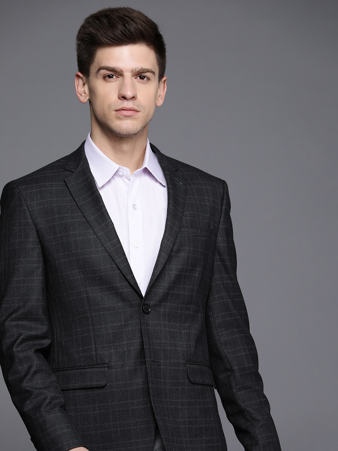 

Louis Philippe Men Charcoal Slim Fit Checked Single-Breasted Formal Blazer
