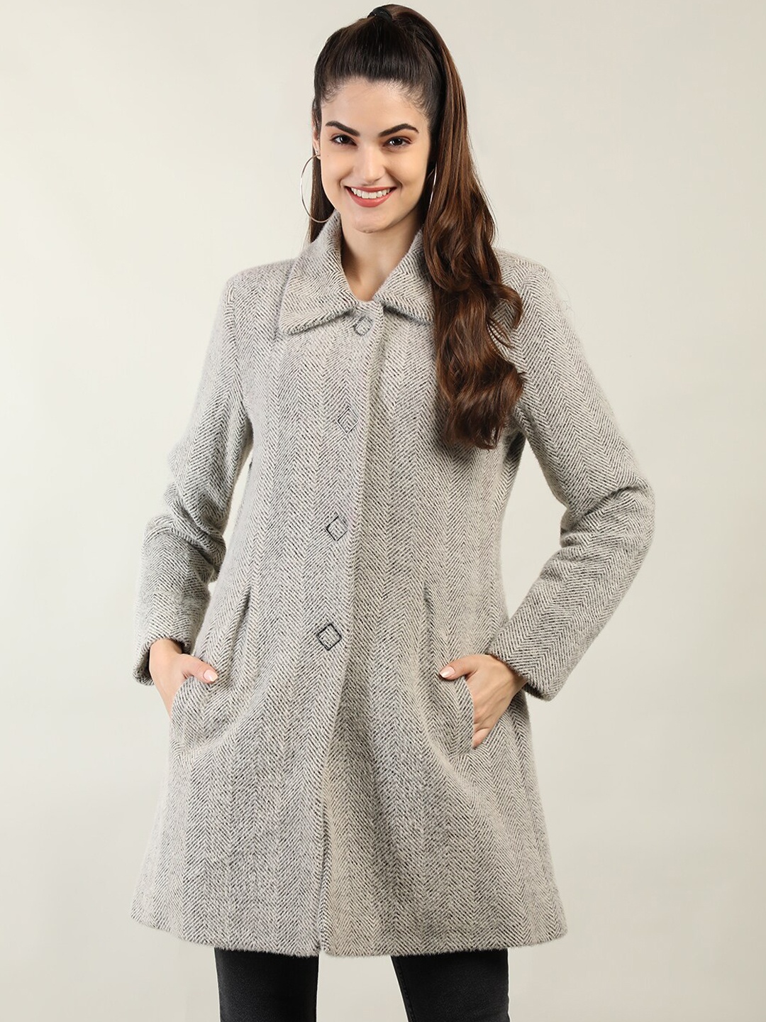 

LEBORK Women Grey Striped Winter Over Coat