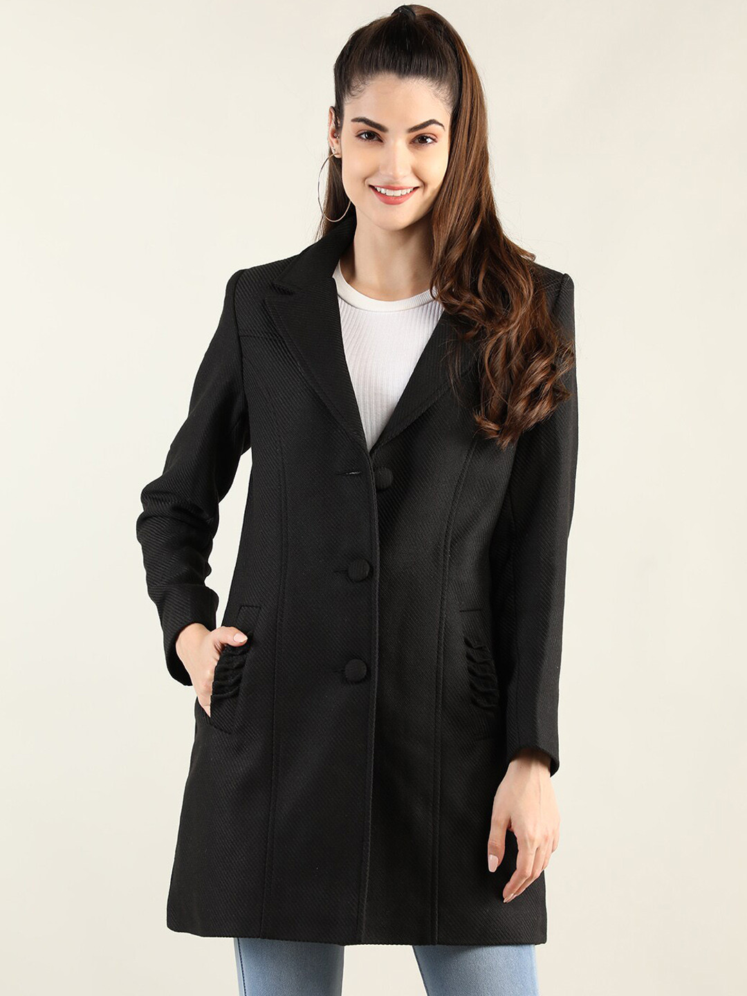 

LEBORK Women Black Solid Overcoat