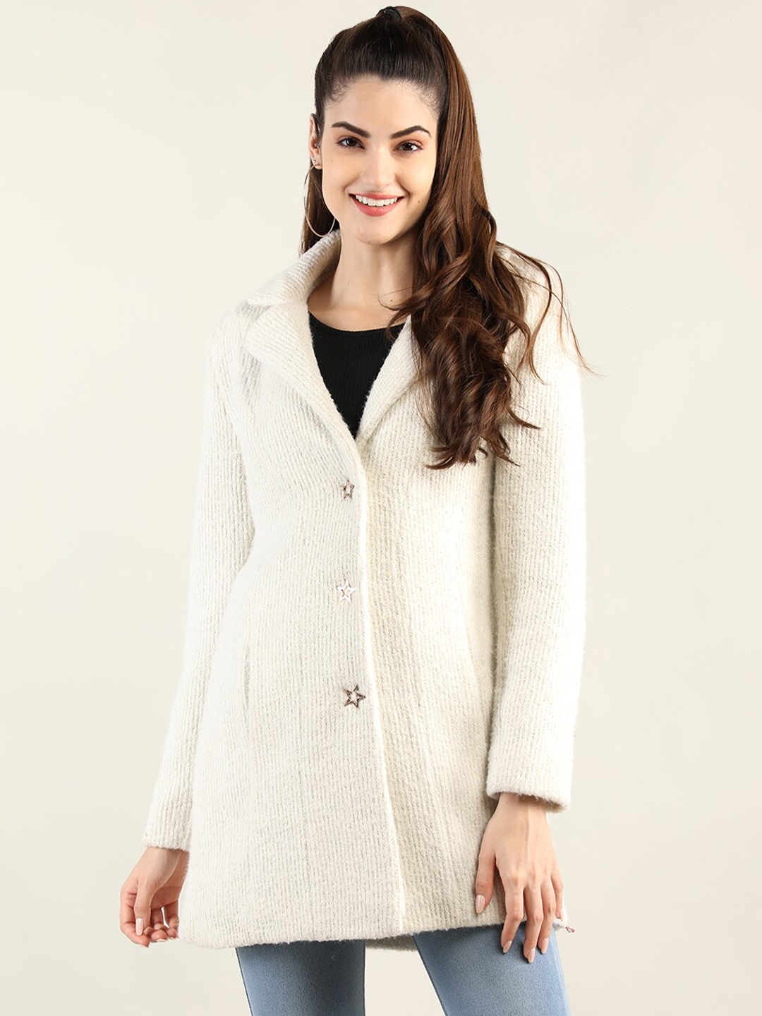 

LEBORK Women White Solid Front-Open Winter Wear Overcoat