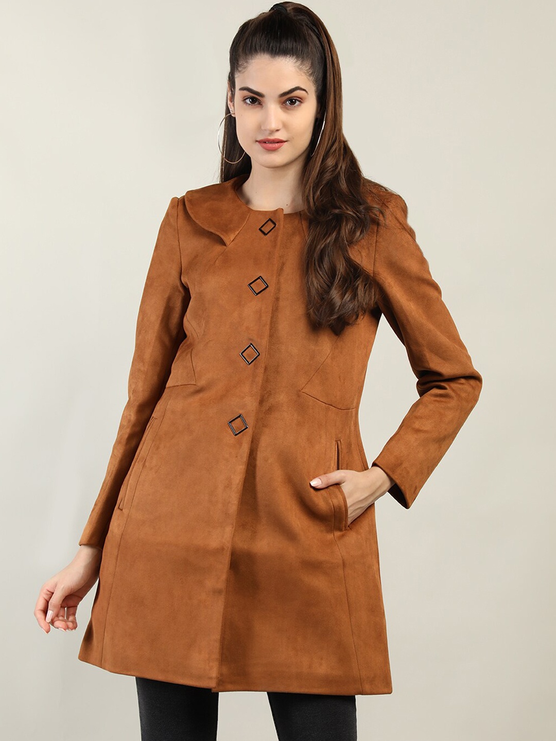 

LEBORK Women Tan Brown Solid Wool Trench Coat