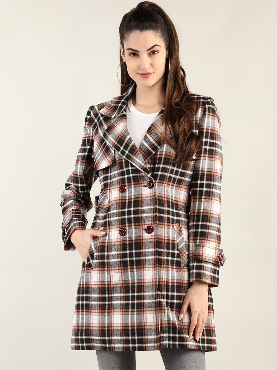 

LEBORK Women Black Checked Trench Coat