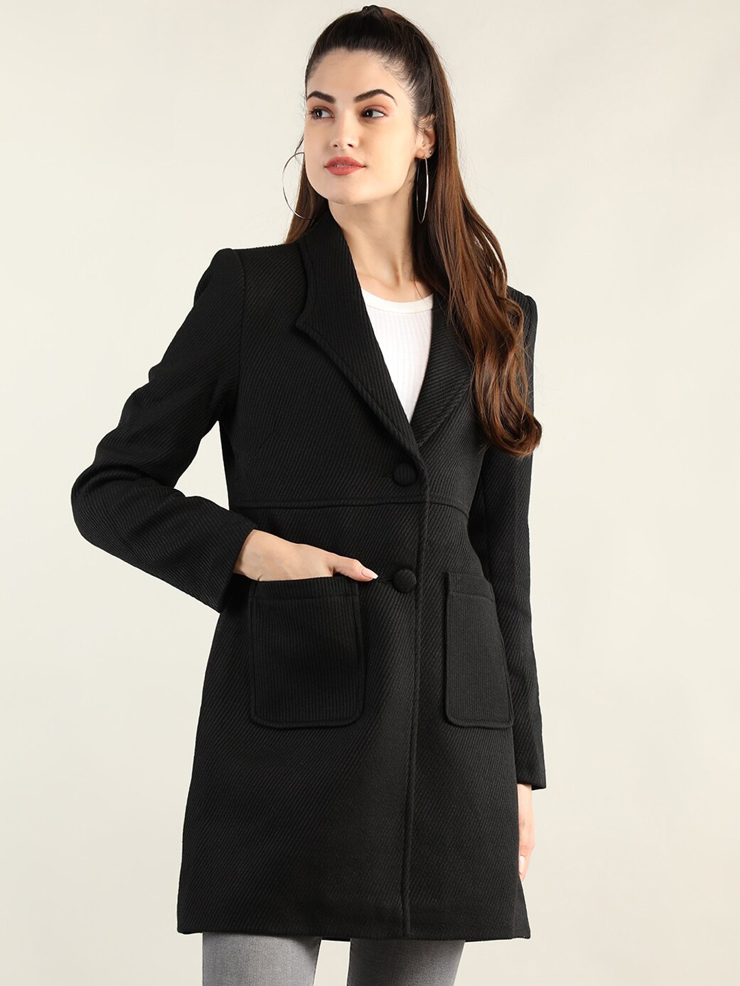 

LEBORK Women Black Striped OverCoat